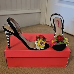 Betsey Johnson Black and Red Stiletto Heels with Floral Embellishment